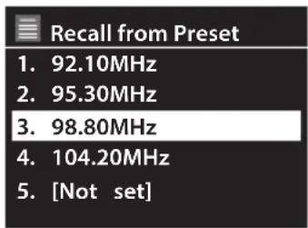 Recall from Preset 1. 92.10MHz 2. 95.30MHz 3. 98.80MHz 4. 104.20MHz 5. [Not set]