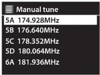 Manual tune 5A 174.928MHz 5B 176.640MHz 5C 178.352MHz 5D 180.064MHz 6A 181.936MHz