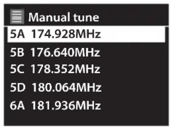 Manual tune 5A 174.928MHz 5B 176.640MHz 5C 178.352MHz 5D 180.064MHz 6A 181.936MHz