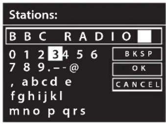 Stations: BBC RADIO 0 1 2 3 4 5 6 7 8 9. -- @ , abcde fghijkl mno p qrs B K S P O K C A N C E L