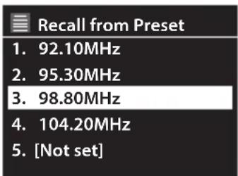Recall from Preset 1. 92.10MHz 2. 95.30MHz 3. 98.80MHz 4. 104.20MHz 5. [Not set]