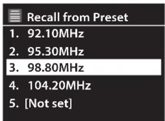 Recall from Preset 1. 92.10MHz 2. 95.30MHz 3. 98.80MHz 4. 104.20MHz 5. [Not set]