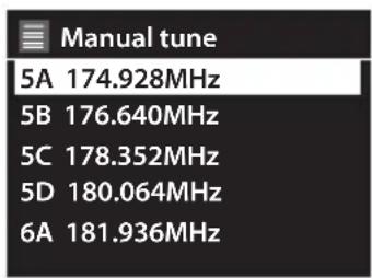 Manual tune 5A 174.928MHz 5B 176.640MHz 5C 178.352MHz 5D 180.064MHz 6A 181.936MHz