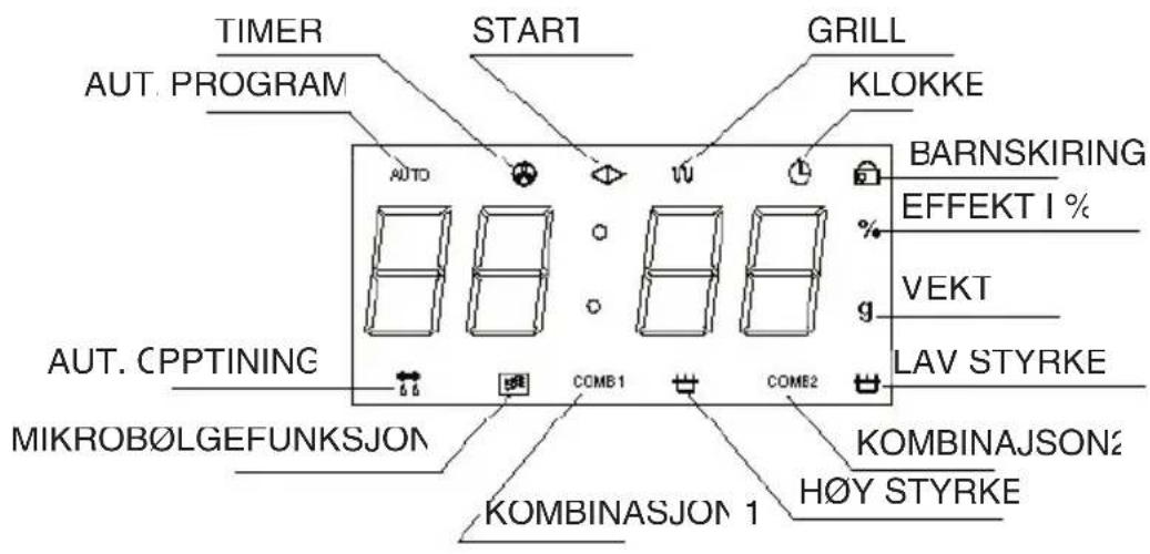 TIMER AUT. PROGRAM START GRILL KLOKKE BARNSKIRING EFFEKT 1 % VEKT LAV STYRKE AUT. CPPTINING MIKROB∅LG E FUNKS JON COMB1 COME2 KOMBINAJSON2 H∅Y STYRKE KOMBINASJON 1