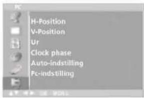 H-Position V-Position Ur Clock phase Auto-indstilling Pc-indstilling