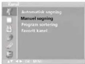 Kanel Automatisk sogning Manuel sogning Program sortering Favorit kanel