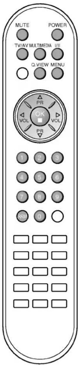 MUTE POWER TV/AV MULTIMEDIA I/II Q.VIEW MENU PR OK VOL VOL PR 1 2 3 4 5 6 7 8 9 ASM 0