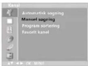 Kanai Automatisk sogning Manuel sogning Program sortering Favorit kanel