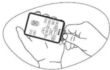 Line drawing showing hands holding a card with Chinese characters and icons, likely illustrating a payment or usage process.