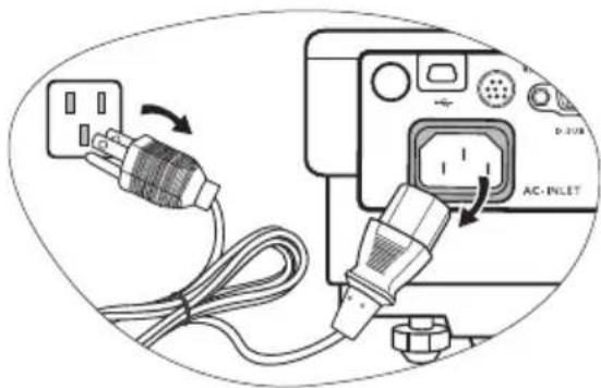 Diagram showing connection between a power outlet, cable, and AC-inlet device with labeled ports and switch