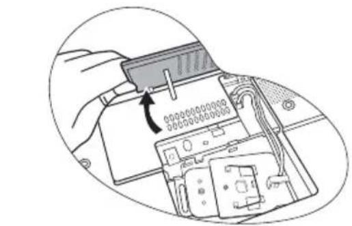 Diagram showing a hand inserting a component into an electronic device with labeled ports and cable connections