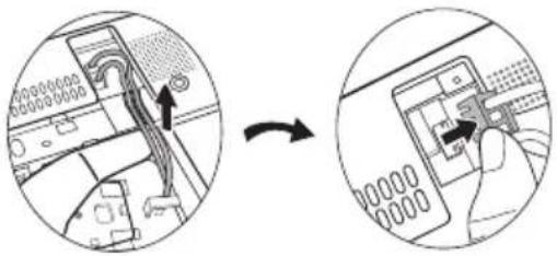 Diagram showing cable routing and device insertion process with directional arrows indicating movement