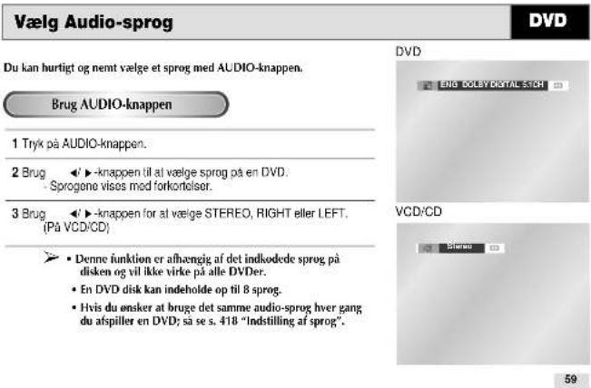 Vælg Audio-sprog Du kan hurtigt og nemt vælge et sprog med AUDIO-knappen. Brug AUDIO-knappen 1 Tryk på AUDIO-knappen. 2 Brug ▶▶-knappen til at vælge sprog på en DVD. - Sprogene visos med forkortelser. 3 Brug ▶▶-knappen for at vælge STEREO, RIGHT eller LEFT. (På VCD/CD) ► Denne funktion er afhængig af det indkodede sprog på disken og vil ikke virke på alle DVDer. • En DVD disk kan indeholde op til 8 sprog. • Hvis du ønsker at bruge det samme audio-sprog hver gang du afspiller en DVD; så se s. 418 "Indstilling af sprog". DVD ENG DOSEY DIGITAL STICH VCD/CD Stereo 59