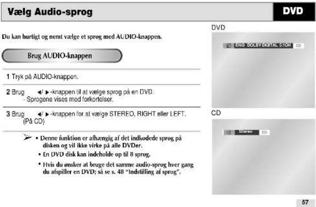 Vælg Audio-sprog Du kan hurtigt og nemt vælge et sprog med AUDIO-knappen. Brug AUDIO-knappen 1 Tryk på AUDIO-knappen. 2 Brug ▶▶-knappen til at vælge sprog på en DVD. - Sprogene visos mod forkortelser. 3 Brug ▶▶-knappen for at vælge STEREO, RIGHT eller LEFT. (På CD) ► Denne funktion er afhængig af det indkodede sprog på disken og vil ikke virke på alle DVDer. ► En DVD disk kan indeholde op til 8 sprog. ► Hvis du ønsker at bruge det samme audio-sprog hver gang du afspiller en DVD; så se s. 48 "Indstilling af sprog". DVD ENB DOEYDIGITAL STICK CD Stereo 57