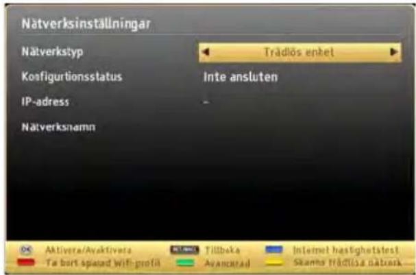 Nätverksinställningar Nätverkstyp Trädlös enket Konfigurationsstatus Inte ansluten IP-adress - Nätverksnamn Aktivera/Avaktiveta Tillbaka Internet hastighetstest Te bort spatan wifi-profil Avancratad Skanns Trädlöse Netvark