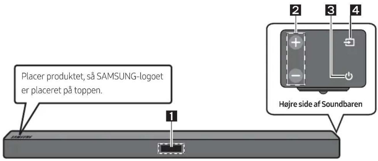 Placer produktet, så SAMSUNG-logoet er placeret på toppen. 1 SAMSUNG Højre side af Soundbaren