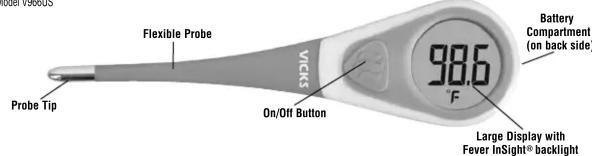 Probe Tip Flexible Probe On/Off Button VICKS 98.6 °F Battery Compartment (on back side) Large Display with Fever InSight® backlight