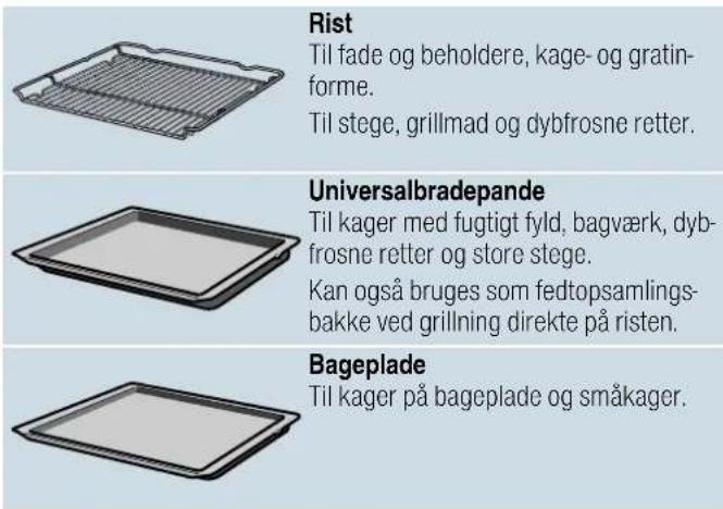 Rist Til fade og beholdere, kage- og gratin- forme. Til stege, grillmad og dybfrosne retter. Universalbradepande Til kager med fugtigt fyld, bagværk, dyb- frosne retter og store stege. Kan også bruges som fedtopsamlings- bakke ved grillning direkte på risten. Bageplade Til kager på bageplade og småkager.