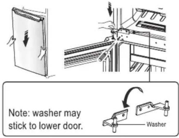 Note: washer may stick to lower door. Washer
