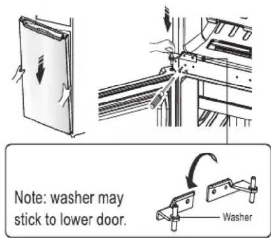 Note: washer may stick to lower door. Washer