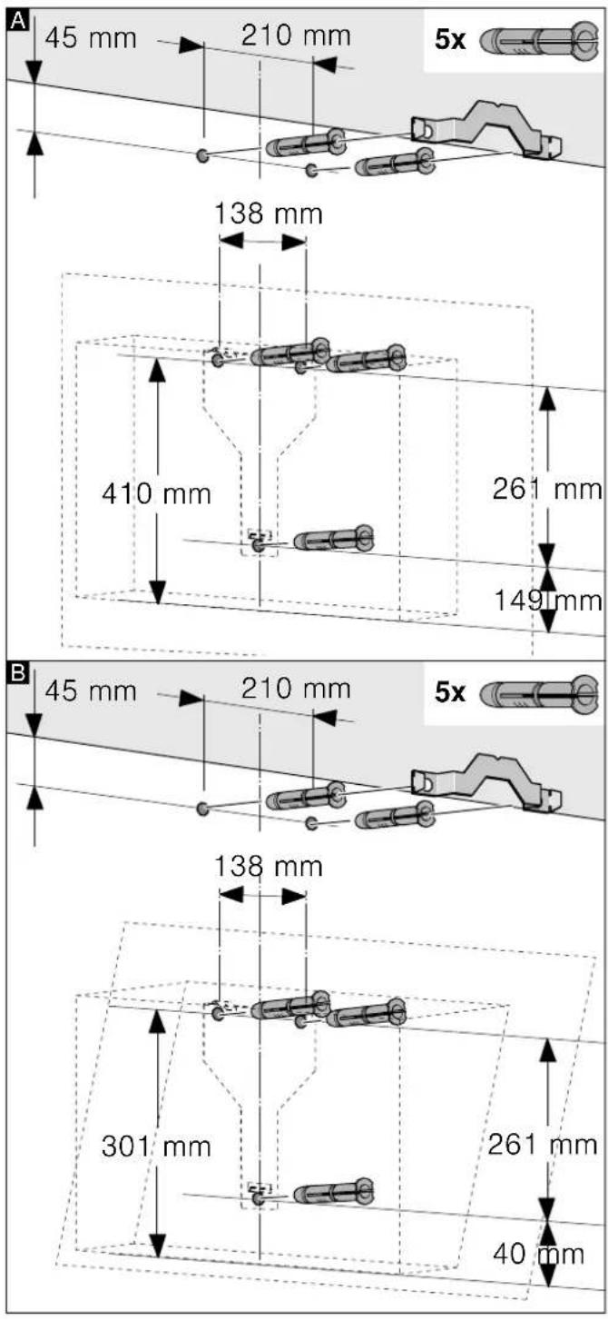 A 45 mm 210 mm 5x 138 mm 410 mm 261 mm 149 mm B 45 mm 210 mm 5x 138 mm 301 mm 261 mm 40 mm