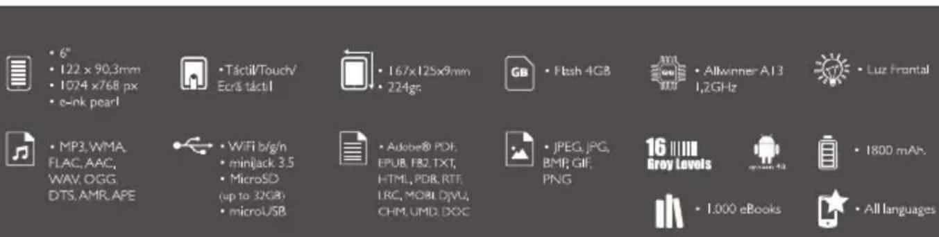 • 6" • 122 x 90,3mm • 1074 x768 px • e-ink pearl • Táctil/Touch/ Ecrã táctil • 167x125x9mm • 224gr GB • Flash 4GB • Allwinner A13 1,2GHz • Luz Frontal • MP3.WMA. FLAC, AAC, WAV, OGG. DTS, AMR, APE • WiFi b/g/n • miniJack 3.5 • MicroSD (up to 32GB) • microUSB • Adobe® PDF, EPUB, FB2.TXT, HTML, PDB, RTE, LRC, MOBI, DJVU, CHM, UMD, DOC • JPEG, JPG, BMP, GIF, PNG • 16 Grey Levels • 1800 mAh. • 1.000 eBooks • All languages