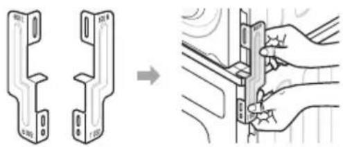 Technical illustration showing two mechanical component assemblies before and after assembly, with a hand holding a clip.