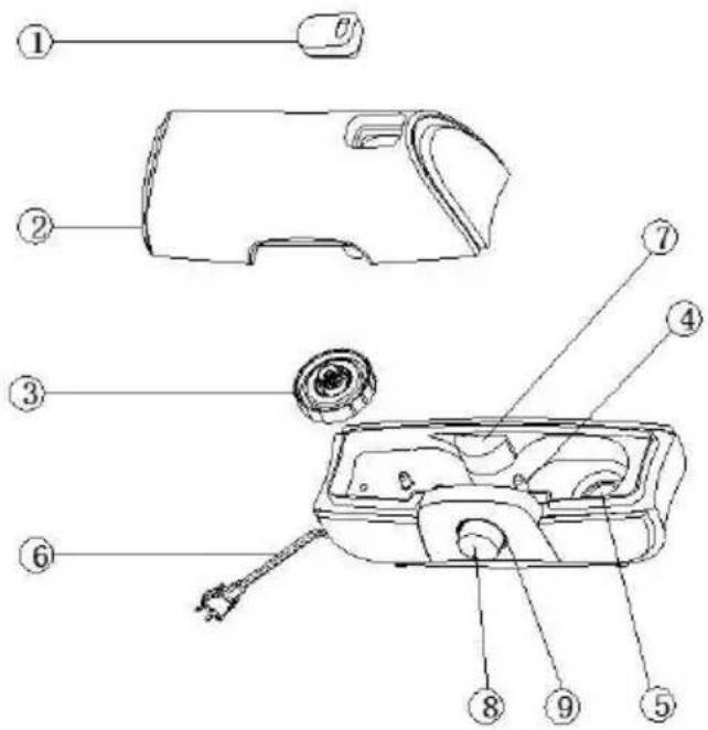 Technical diagram of a device with numbered parts for identification