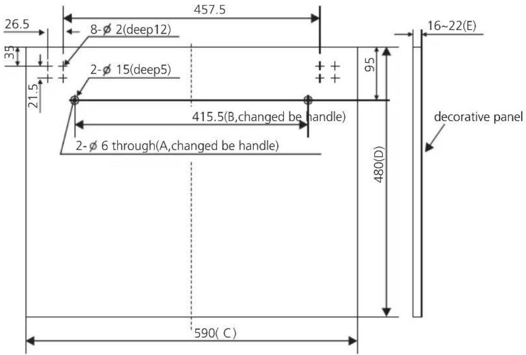 26.5 457.5 8-Ø 2(deep12) 35 21.5 2-Ø 15(deep5) 95 415.5(B,changed be handle) 2-Ø 6 through(A,changed be handle) 480(D) 16~22(E) decorative panel 590(C)