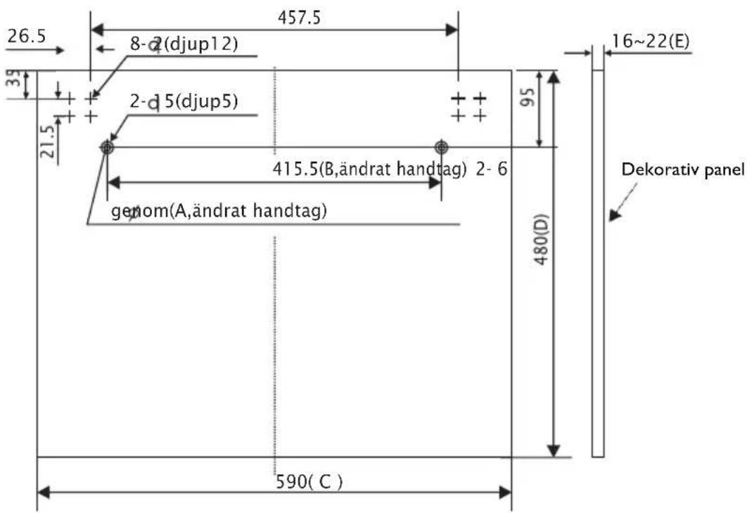 26.5 457.5 8-d(djup12) 2-d 5(djup5) 95 16~22(E) 21.5 415.5(B,ändrat handtag) 2-6 genom(A,ändrat handtag) 480(D) Dekorativ panel 590(C)