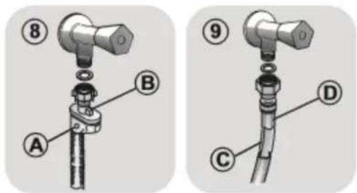 Technical diagram showing two labeled parts (A, B, C, D) of a mechanical assembly with numbered annotations.
