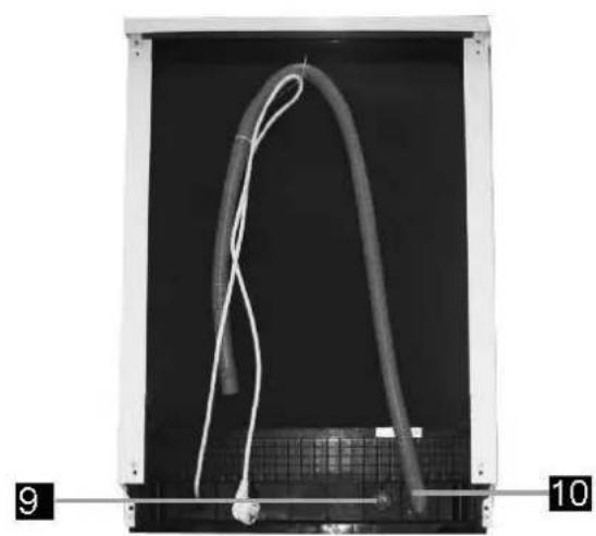 Interior view of a device with curved white cables and a grid-patterned base, labeled 9 and 10 (no text or symbols on the diagram itself)