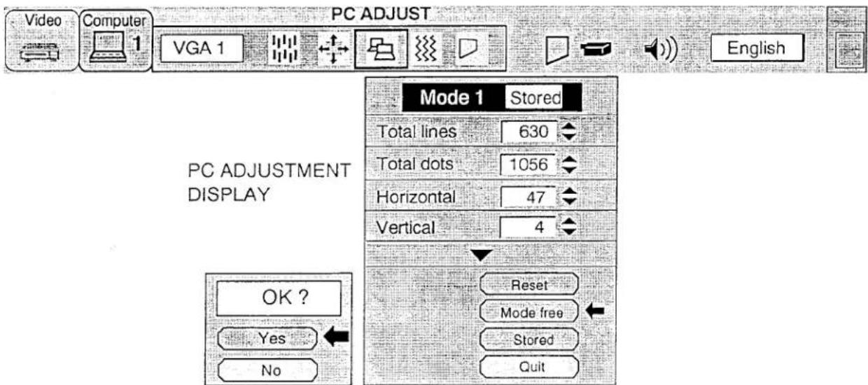 Video Computer 1 VGA 1 PC ADJUST English Mode 1 Stored Total lines 630 Total dots 1056 Horizontal 47 Vertical 4 PC ADJUSTMENT DISPLAY OK ? Yes No Reset Mode free Stored Quit