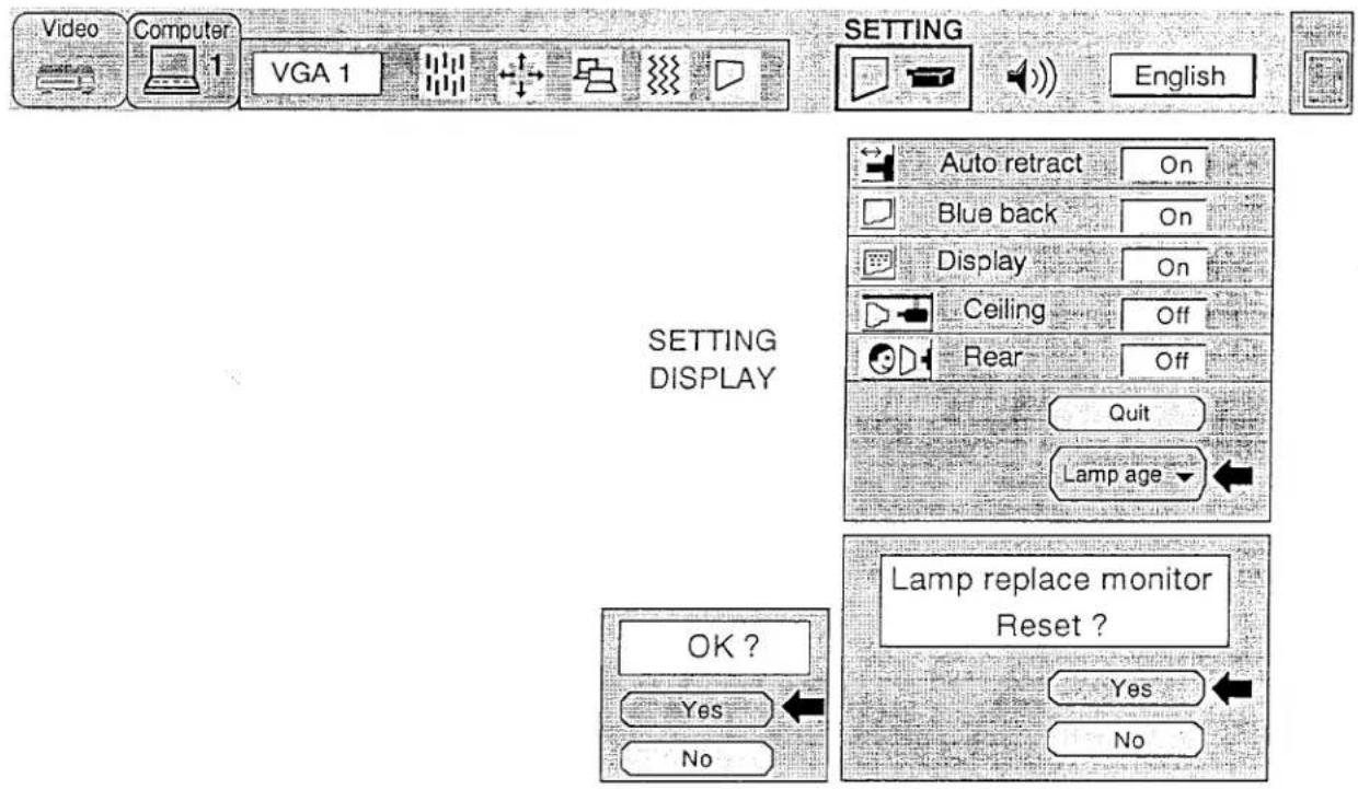 Video Computer 1 VGA 1 SETTING English Auto retract On Blue back On Display On Ceiling Off Rear Off Quit Lamp age SETTING DISPLAY OK ? Yes No Lamp replace monitor Reset ? Yes No