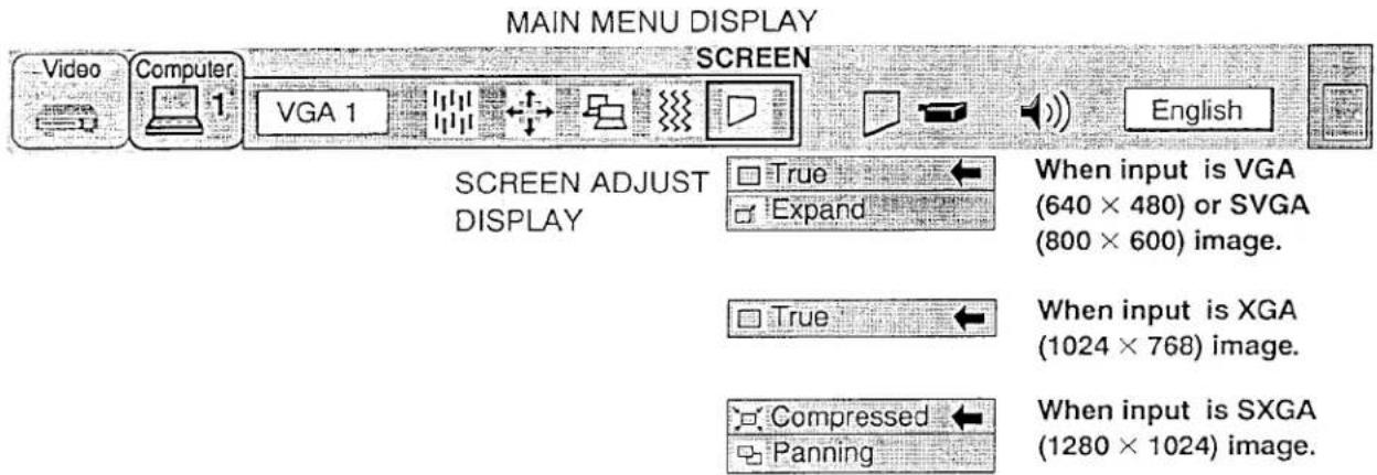 MAIN MENU DISPLAY Video Computer VGA 1 SCREEN English SCREEN ADJUST DISPLAY True Expand When input is VGA (640 × 480) or SVGA (800 × 600) image. True When input is XGA (1024 × 768) image. Compressed Panning When input is SXGA (1280 × 1024) image.