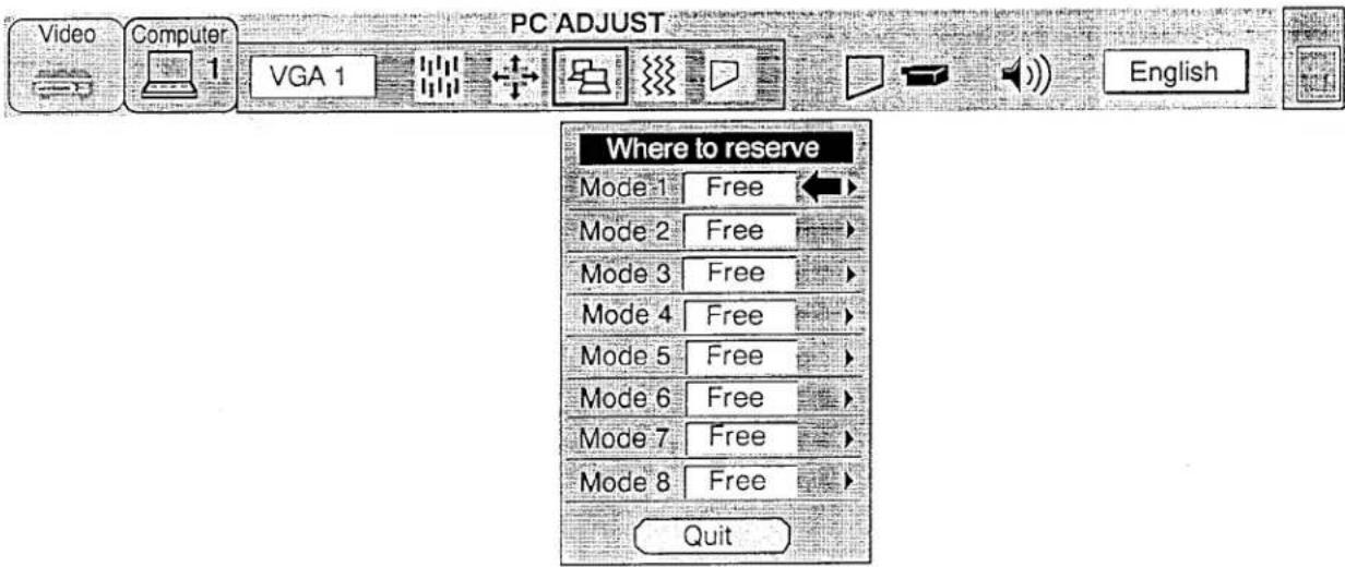 PC ADJUST VGA 1 Home to reserve Mode 1 Free Mode 2 Free Mode 3 Free Mode 4 Free Mode 5 Free Mode 6 Free Mode 7 Free Mode 8 Free Quit