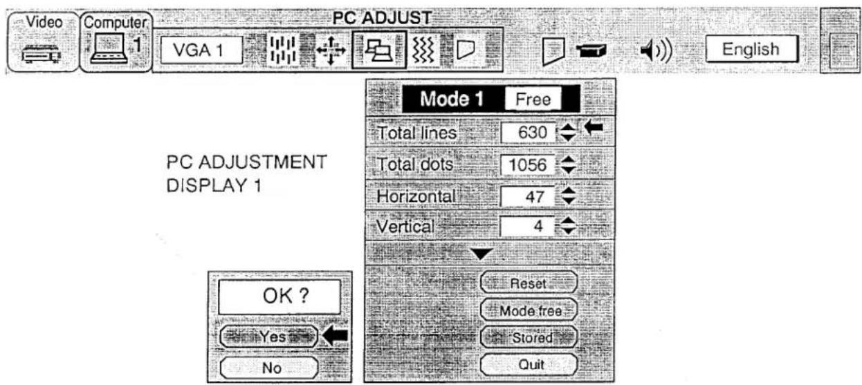 Video Computer VGA 1 PC ADJUST English Mode 1 Free Total lines 630 Total dots 1056 Horizontal 47 Vertical 4 OK ? Yes No Reset Mode free Stored Quit