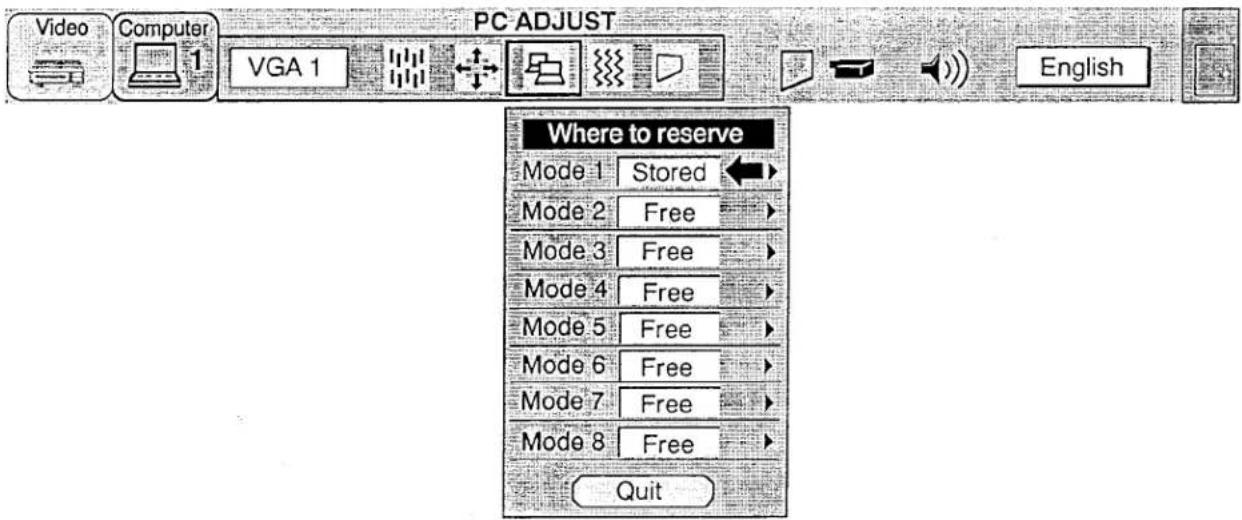 Video Computer VGA 1 PC ADJUST English Where to reserve Mode 1 Stored Mode 2 Free Mode 3 Free Mode 4 Free Mode 5 Free Mode 6 Free Mode 7 Free Mode 8 Free Quit