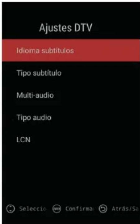 Ajustes DTV Idioma subtítulos Tipo subtítulo Multi-audio Tipo audio LCN Seleccio New Confirma Atrás/Sa