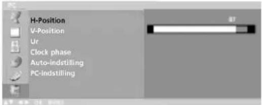 H-Position V-Position Ur Clock phase Auto-indstilling PC-indstilling