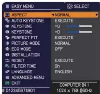 EASY MENU ASPECT AUTO KEYSTONE KEYSTONE KEYSTONE PERFECT FIT PICTURE MODE ECO MODE INSTALLATION RESET FILTER TIME LANGUAGE ADVANCED MENU EXIT NORMAL EXECUTE +0 +0 EXECUTE NORMAL OFF EXECUTE Oh ENGLISH 012345678901 COMPUTER IN 1 1024 x 768 @60Hz