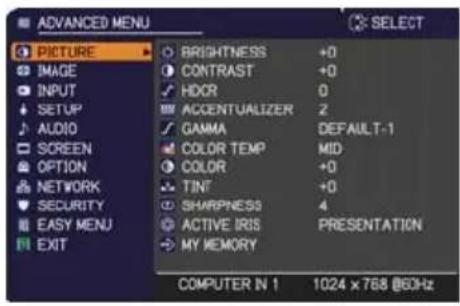 ADVANCED MENU PICTURE IMAGE INPUT SETUP AUDIO SCREEN OPTION NETWORK SECURITY EASY MENU EXIT BRIGHTNESS +0 CONTRAST +0 HDR 0 ACCENTUALIZER 2 GAMMA DEFAULT-1 COLOR TEMP MID COLOR +0 TINT +0 SHARPNESS 4 ACTIVE IRIS PRESENTATION MY MEMORY COMPUTER IN 1 1024 x 768 @60Hz