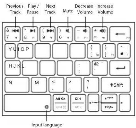 Previous Track Play / Pause Next Track Mute Decrease Volume Increase Volume & 7 8 ( ) 9 0 - - + = Y U I O P H J K L N M < . > ? / Shift Alt Gr Ctrl Home Ctrl Pulp PjDn Input language