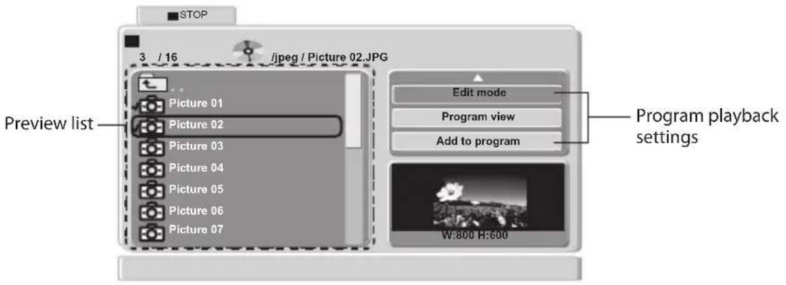 STOP 3 / 16 jpeg / Picture 02.JPG Preview list Picture 01 Picture 02 Picture 03 Picture 04 Picture 05 Picture 06 Picture 07 Edit mode Program view Add to program Program playback settings W:800 H:600