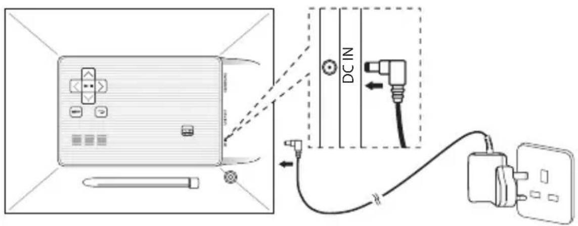 Diagram showing connection between a device and a plug, with labeled components including 'DCIN' and connected cables.