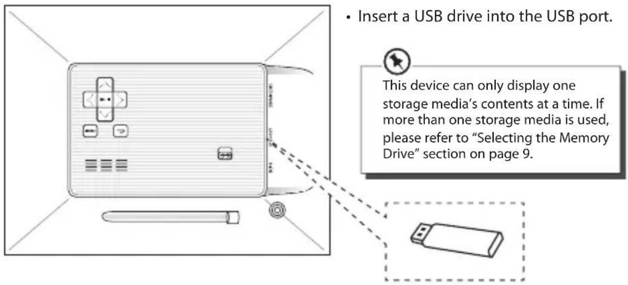 • Insert a USB drive into the USB port. This device can only display one storage media's contents at a time. If more than one storage media is used, please refer to "Selecting the Memory Drive" section on page 9.