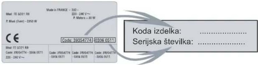 Mod: FE 0021 RB P. Masi (Oven) - 2350 W CE Code: 39354774 0306 0511 Mod: FE 0021 RB Code: 39354774 - 0306 0511 220 - 240 V~ Code: 39354774 -0306 0511 Code: 39354774 -0306 0511 Code: 39354774 -0306 0511 Koda izdelka: ...... Serijska številka: ......