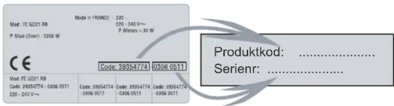 Mod : FE G021 RB P. Maxi (Over) - 2350 W Made in FRANCE - 282 - 220 - 240 V~ P. Meters = 30 W CE Code: 39354774 - 0306 0511 Produktkod: ...... Serienr: ......