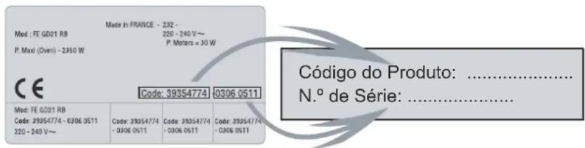 Made in FRANCE - 232 - Med : FE GD01 RB 220 - 240 V~ P. Mad (Oven) - 2350 W P. Motors = 30 W CE Code: 39354774 - 0306 0511 Med : FE GD01 RB Code: 39354774 - 0306 0511 220 - 240 V~ Code: 39354774 - 0306 0511 Code: 39354774 - 0306 0511 Código do Produto: ...... N.º de Série: ......