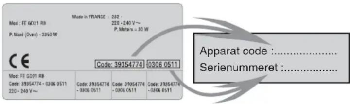 Made in FRANCE - 232 - 220 - 240 V~ P. Maxi (Over) - 2350 W P. Motors = 30 W Code: 39354774 0306 0511 Apparat code :............ Serienummeret :...........